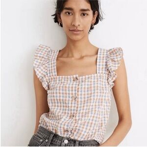 Madewell Plaid Seersucker Ruffle Shoulder Button Up Blouse Lg w MEASUREMENTS!